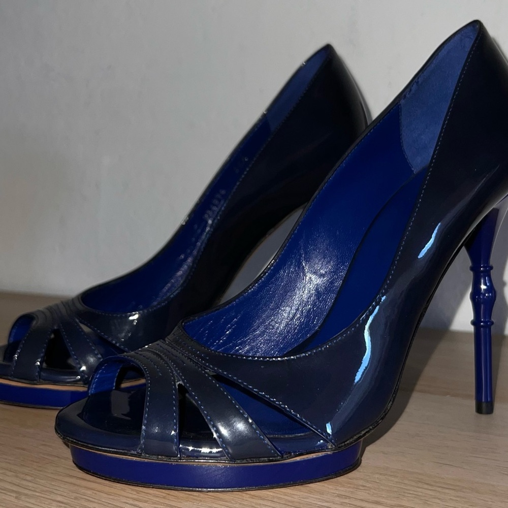 Gucci Navy Patent Peep-Toe Stiletto Pumps